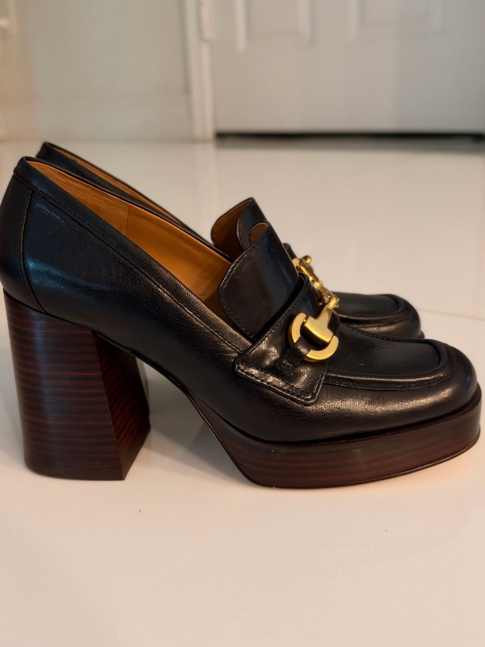 Marc Fisher LTD Machi Black Platform Horsebit Loafer Pumps Block Heel Size 7M